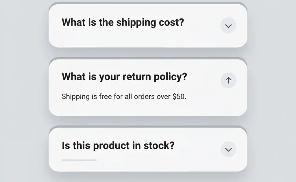 Mobile FAQ accordion design with short answers to common product objections